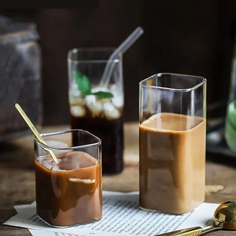 Wine Beer Coffee Drink - كوب زجاجي مربع بسيط، كوب شفاف